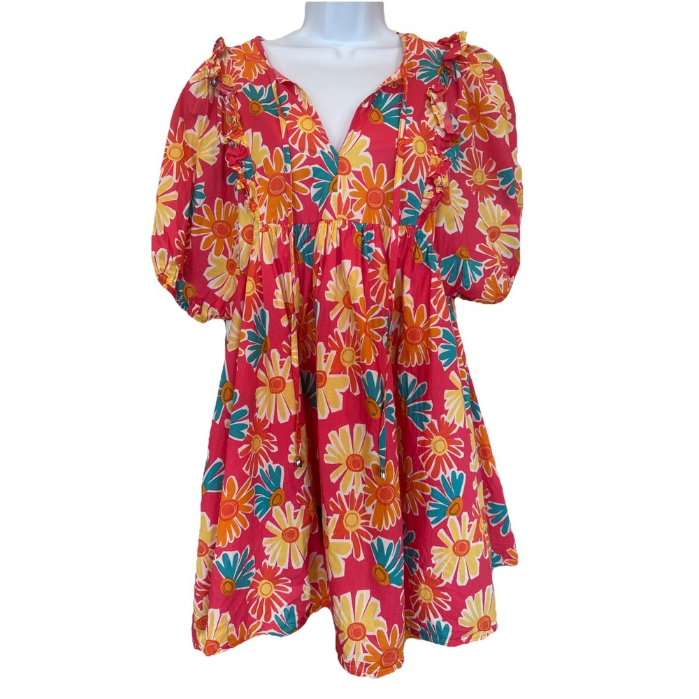 Entro Pink Daisy Floral Dress Large Hippie Boho Boutique